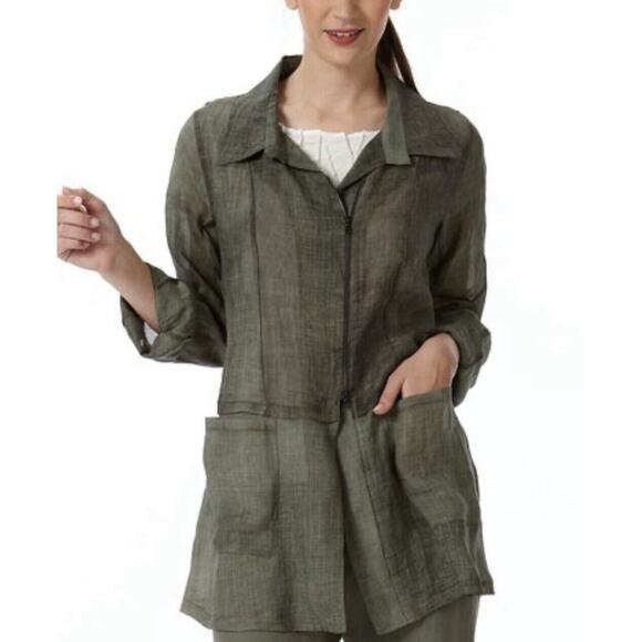 Babette SF Sheer Zip‎ Up Jacket Women Size Small Olive Green Woven Topper Boho - Picture 2 of 10